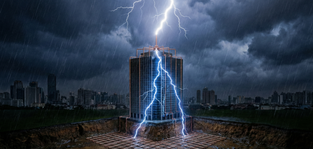 Raio atingindo um edifício alto durante tempestade na cidade